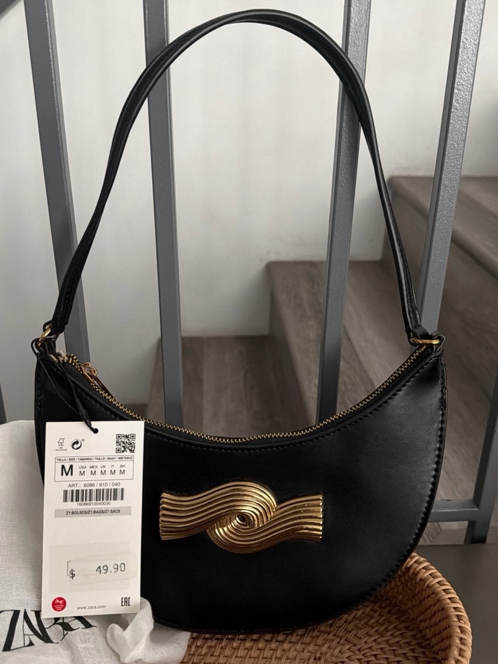 Zara Black Crescent PU Shoulder Bag with Gold Art Deco Accent